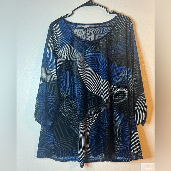 Avenue Women’s Burnout Velvet Velour Long Sleeve Blue Black Blouse 22/24 - Picture 1 of 4